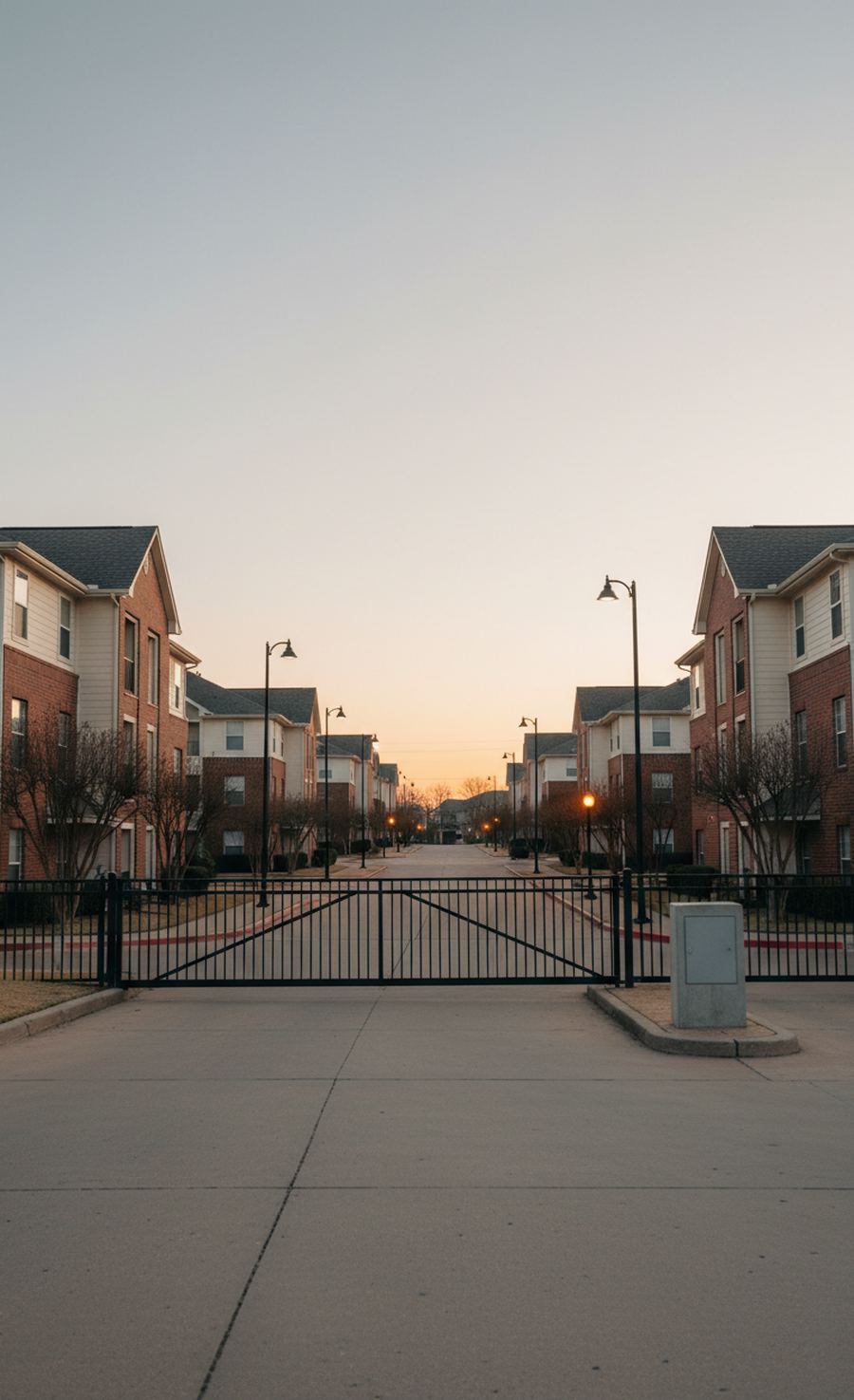Closed black vehicle gate at the entrance of an apartment community at dawn, a gray call box pedestal on the island and a straight drive between three-story buildings.