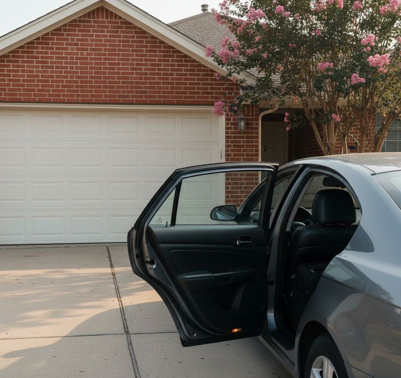 Gray sedan with its rear door open in a driveway, a black leather back seat inside, parked before a red brick house with a white garage door and a flowering crape myrtle.