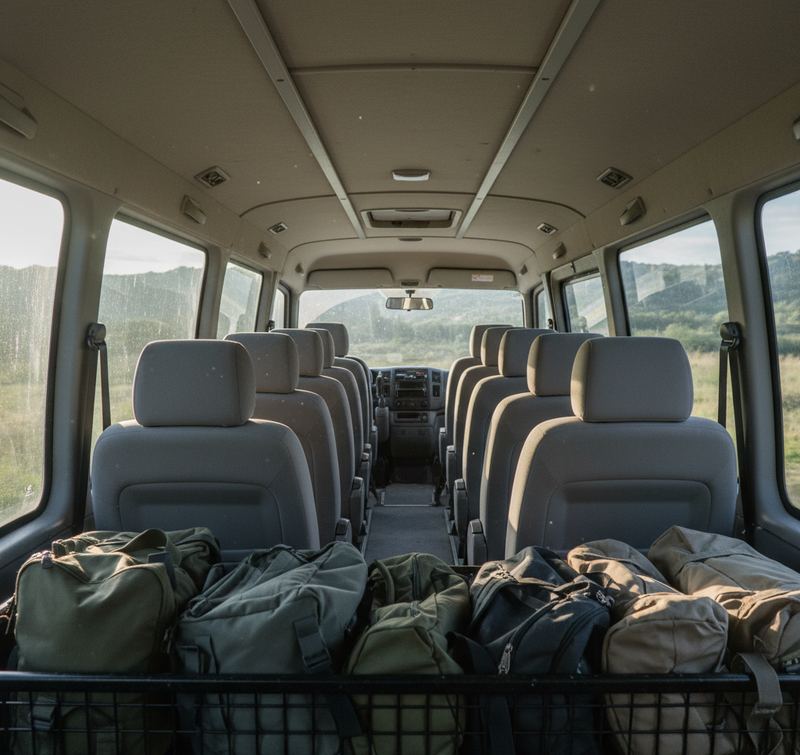 Inside a passenger van looking forward along the aisle between rows of light gray seats, a luggage rack of duffel bags in the foreground.