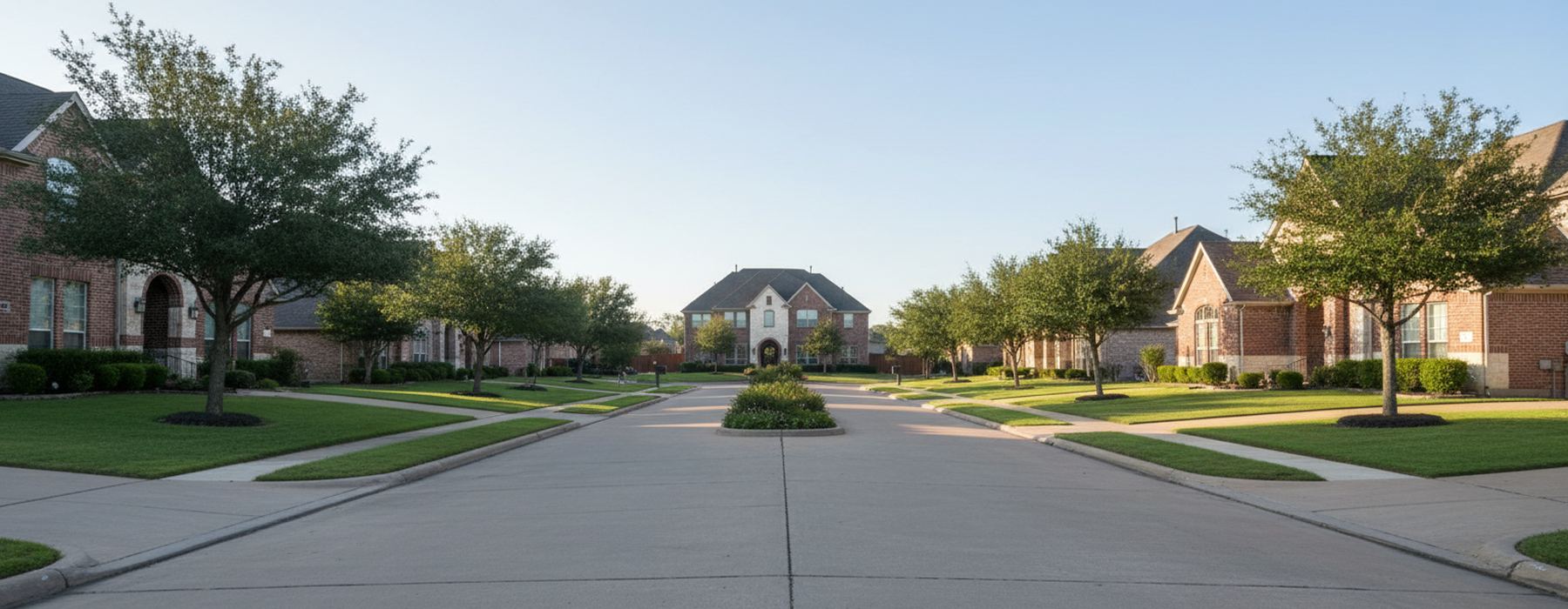 Wide curving street inside a gated neighborhood, large two-story brick and stone houses behind trimmed lawns and a planted median under a clear morning sky.