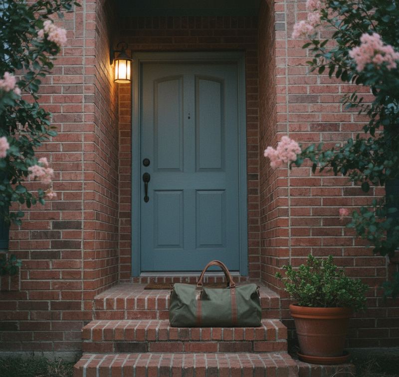Red brick porch with three steps up to a blue-green front door, the wall lamp lit, a potted shrub and a green canvas duffel bag with leather handles on the top step.